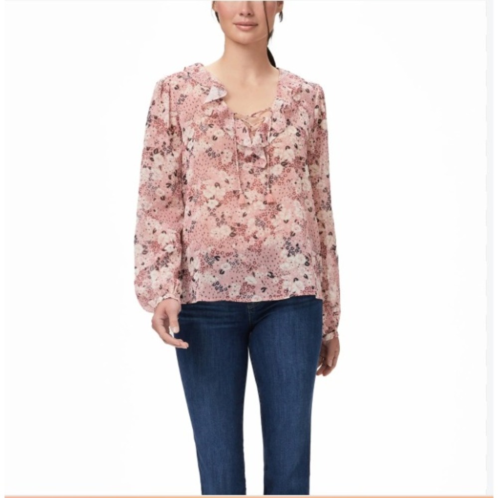 PAIGE Pink Floral Ruffle Blouse Metallic Shimmer Tie Neck Boho Romantic Top S